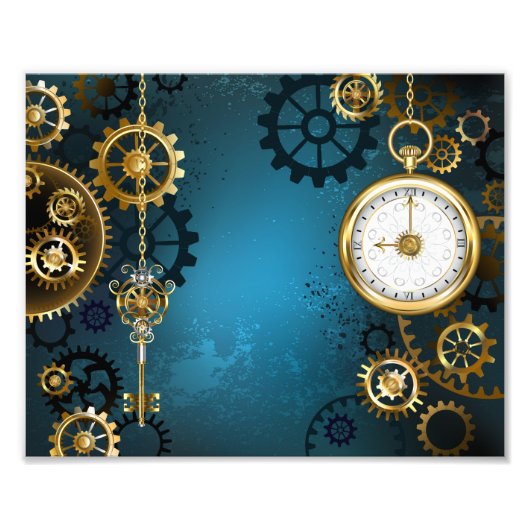 Steampunk turquoise Achtergrond met tandwielen Foto Afdruk (Voorkant)