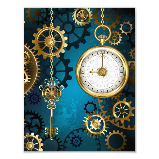 Steampunk turquoise Achtergrond met tandwielen Foto Afdruk (Voorkant)