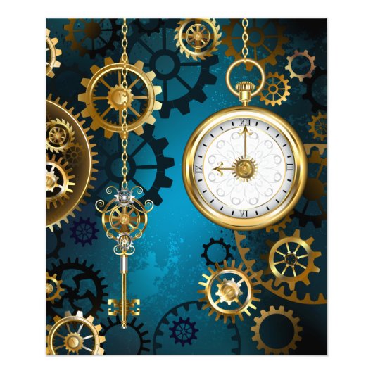 Steampunk turquoise Achtergrond met tandwielen Foto Afdruk (Voorkant)