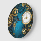 Steampunk turquoise achtergrond met tandwielen grote klok (Hoek)