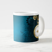Steampunk turquoise achtergrond met tandwielen grote koffiekop (Voorkant rechts)