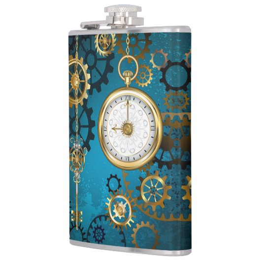 Steampunk turquoise Achtergrond met tandwielen Heupfles (Links)