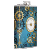 Steampunk turquoise Achtergrond met tandwielen Heupfles (Rechts)