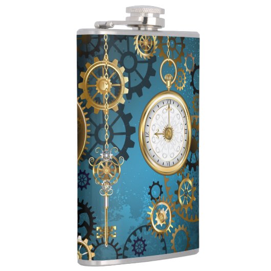 Steampunk turquoise Achtergrond met tandwielen Heupfles (Rechts)