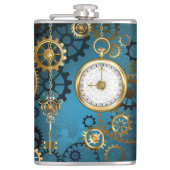 Steampunk turquoise Achtergrond met tandwielen Heupfles (Voorkant)