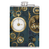 Steampunk turquoise Achtergrond met tandwielen Heupfles (Achterkant)