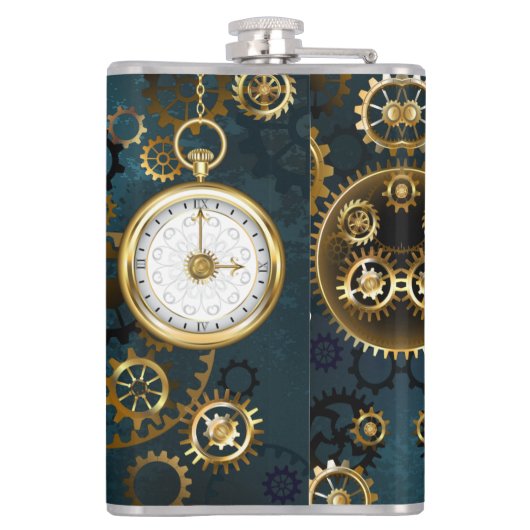 Steampunk turquoise Achtergrond met tandwielen Heupfles (Achterkant)