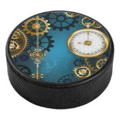 Steampunk turquoise Achtergrond met tandwielen Hockey Puck (3/4)