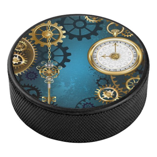 Steampunk turquoise Achtergrond met tandwielen Hockey Puck (3/4)
