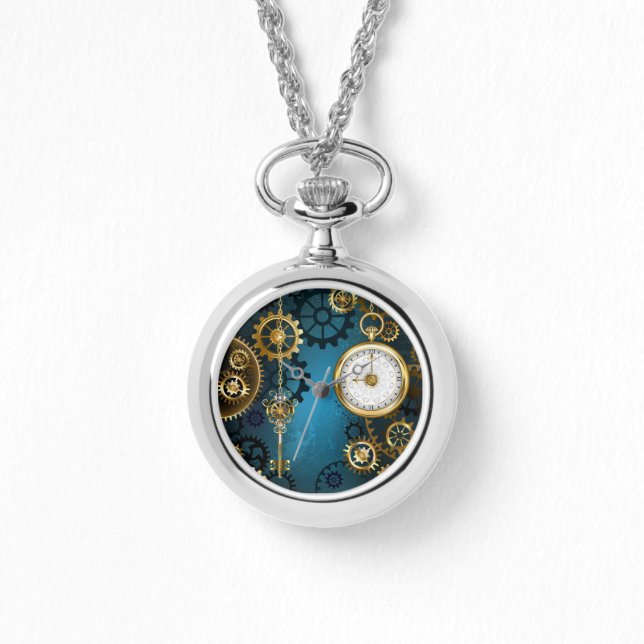 Steampunk turquoise Achtergrond met tandwielen Horloge (Voorkant)