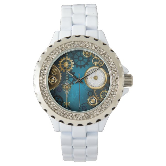 Steampunk turquoise Achtergrond met tandwielen Horloge (Voorkant)