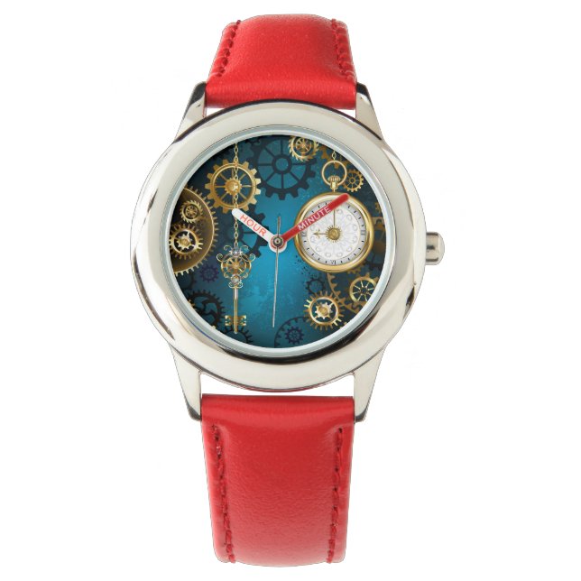 Steampunk turquoise Achtergrond met tandwielen Horloge (Voorkant)