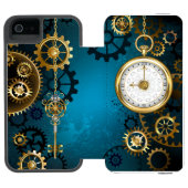 Steampunk turquoise achtergrond met tandwielen incipio iPhone portemonnee hoesje (Agenda Open)