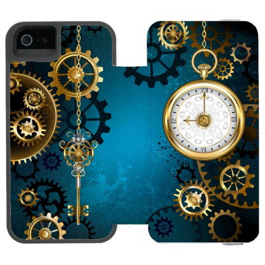 Steampunk turquoise achtergrond met tandwielen incipio iPhone portemonnee hoesje (Agenda Open)