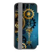 Steampunk turquoise achtergrond met tandwielen incipio iPhone portemonnee hoesje (Agenda Achterkant)