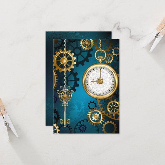 Steampunk turquoise achtergrond met tandwielen kaart (Voorkant / Achterkant in situ)