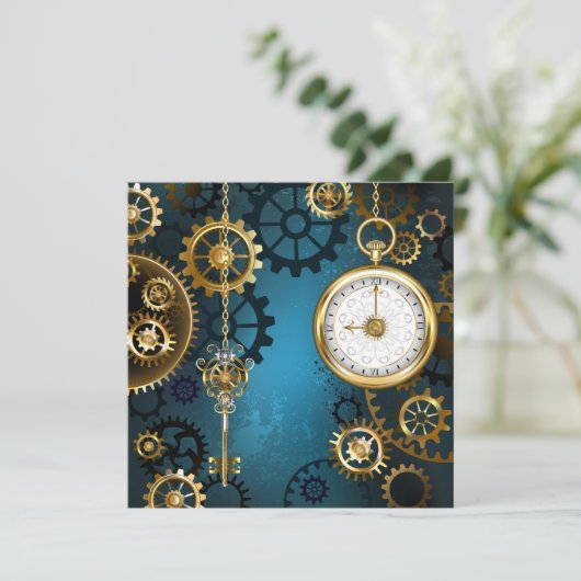 Steampunk turquoise Achtergrond met tandwielen Kaart (Staand voorkant)