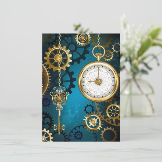 Steampunk turquoise Achtergrond met tandwielen Kaart (Staand voorkant)