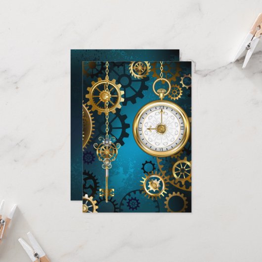 Steampunk turquoise Achtergrond met tandwielen Kaart (Voorkant / Achterkant in situ)