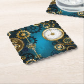 Steampunk turquoise Achtergrond met tandwielen Kartonnen Onderzetters (Gebogen)