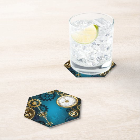 Steampunk turquoise Achtergrond met tandwielen Kartonnen Onderzetters (Insitu)
