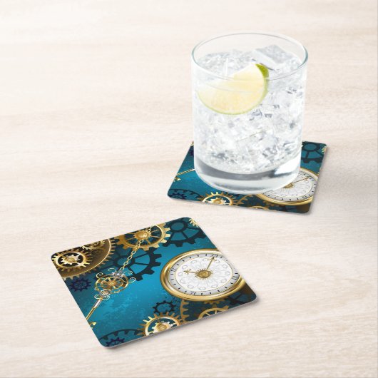 Steampunk turquoise Achtergrond met tandwielen Kartonnen Onderzetters (Insitu)
