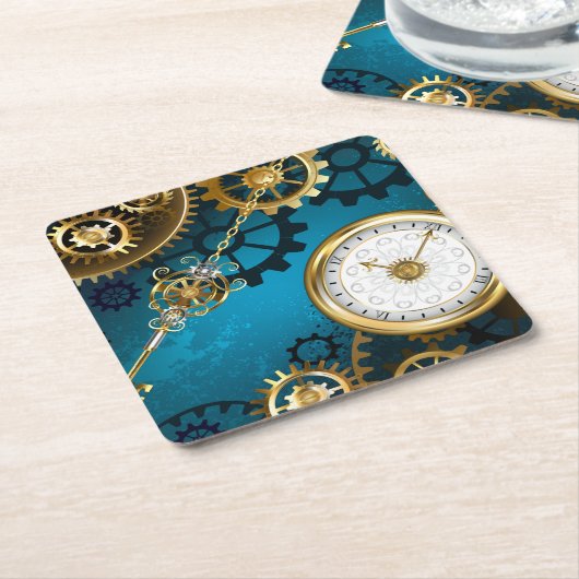 Steampunk turquoise Achtergrond met tandwielen Kartonnen Onderzetters (Schuin)