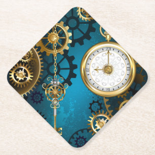 Steampunk turquoise Achtergrond met tandwielen Kartonnen Onderzetters