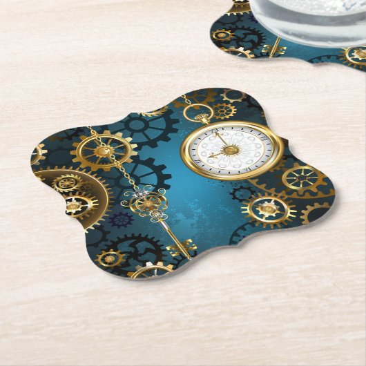 Steampunk turquoise Achtergrond met tandwielen Kartonnen Onderzetters (Gekanteld)