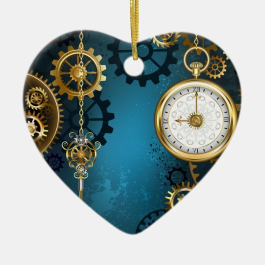 Steampunk turquoise Achtergrond met tandwielen Keramisch Ornament (Voorkant)