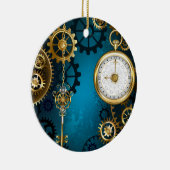 Steampunk turquoise Achtergrond met tandwielen Keramisch Ornament (Rechts)