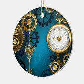 Steampunk turquoise Achtergrond met tandwielen Keramisch Ornament (Links)