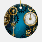 Steampunk turquoise Achtergrond met tandwielen Keramisch Ornament (Achterkant)