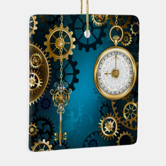 Steampunk turquoise Achtergrond met tandwielen Keramisch Ornament (Rechts)