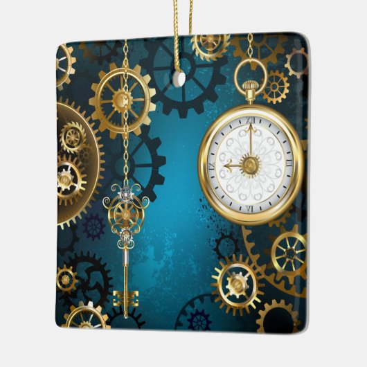 Steampunk turquoise Achtergrond met tandwielen Keramisch Ornament (Links)