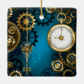 Steampunk turquoise Achtergrond met tandwielen Keramisch Ornament (Achterkant)