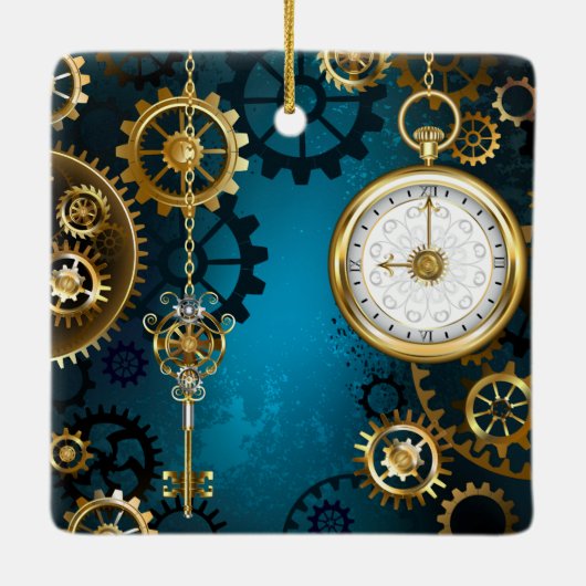 Steampunk turquoise Achtergrond met tandwielen Keramisch Ornament (Achterkant)