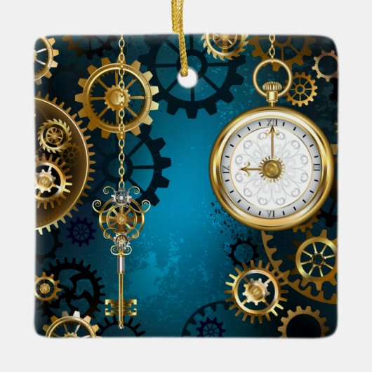 Steampunk turquoise Achtergrond met tandwielen Keramisch Ornament (Voorkant)