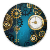 Steampunk turquoise Achtergrond met tandwielen Keramische Knop (Voorkant)