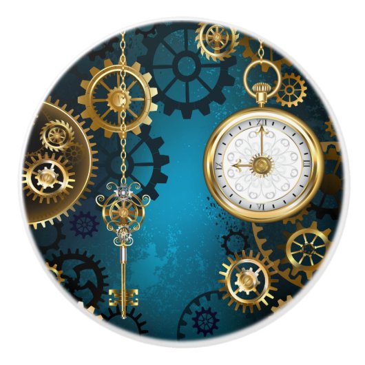 Steampunk turquoise Achtergrond met tandwielen Keramische Knop (Voorkant)