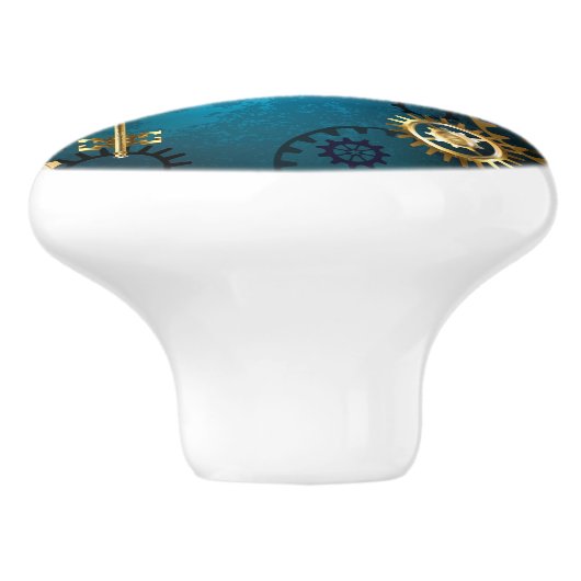 Steampunk turquoise Achtergrond met tandwielen Keramische Knop (Zijkant)