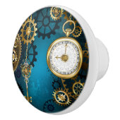 Steampunk turquoise Achtergrond met tandwielen Keramische Knop (Rechts)