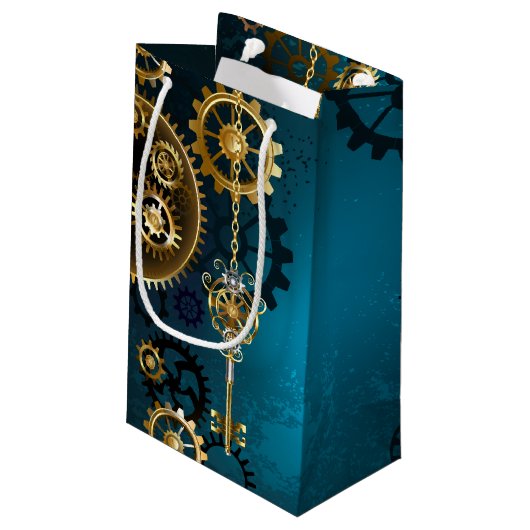 Steampunk turquoise Achtergrond met tandwielen Klein Cadeauzakje (Achterkant Gekanteld)