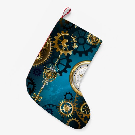 Steampunk turquoise Achtergrond met tandwielen Kleine Kerstsok (Voorkant (Hangend))
