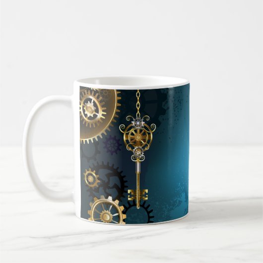 Steampunk turquoise Achtergrond met tandwielen Koffiemok (Links)