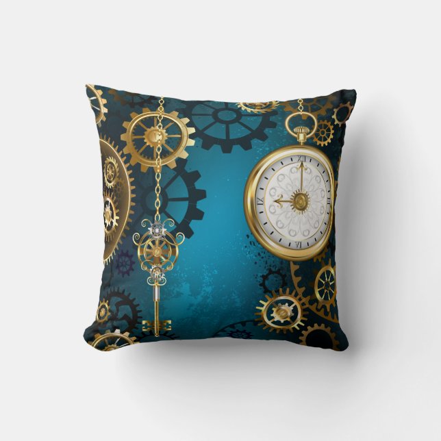 Steampunk turquoise Achtergrond met tandwielen Kussen (Voorkant)