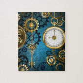 Steampunk turquoise achtergrond met tandwielen legpuzzel (Verticaal)