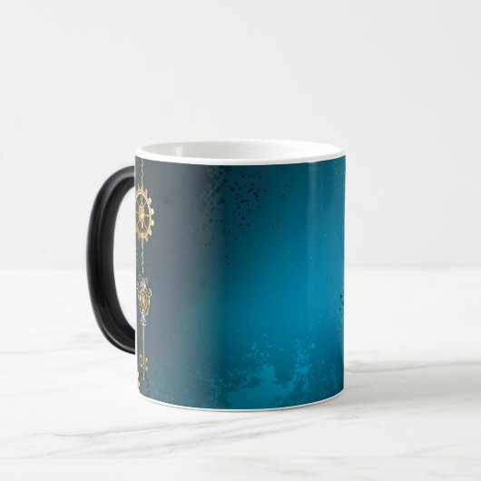 Steampunk turquoise Achtergrond met tandwielen Magische Mok (Voorkant links)