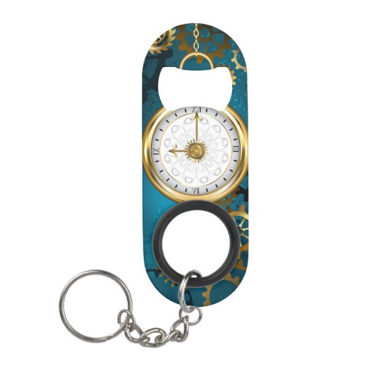 Steampunk turquoise achtergrond met tandwielen mini flessenopener (Voorkant)
