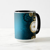 Steampunk turquoise achtergrond met tandwielen mok (Voorkant rechts)